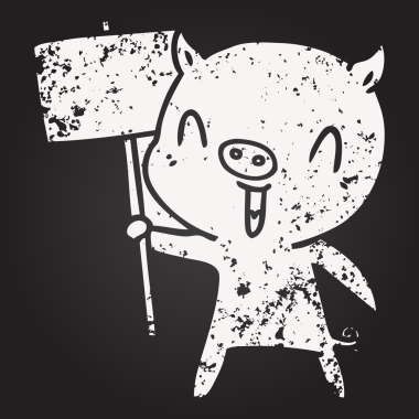 Karatahta tebeşirle çizilmiş mutlu çizgi film domuzu.