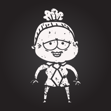 Karatahta karikatür mutlu yaşlı kadın bir insan tarafından çizilmiş.