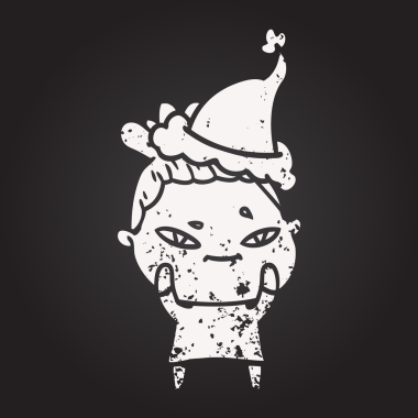 Tahta tebeşirle çizilmiş, Noel Baba şapkası takan bir kadın bir insan tarafından çizilmiş.