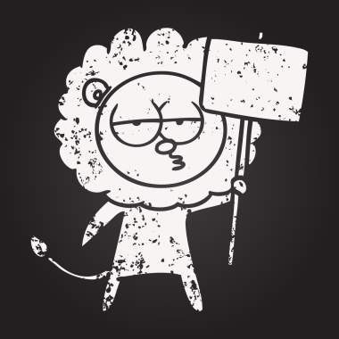 Bir insan tarafından çizilmiş karatahta karikatür sıkılmış aslan.