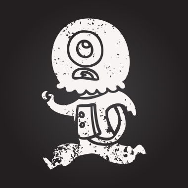 blackboard chalk cartoon cyclops alien spaceman running drawn by a human