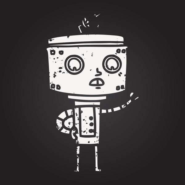 Bir insan tarafından çizilmiş kara tahta tebeşir çizgi film robotu.