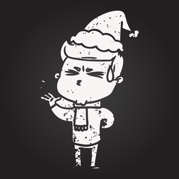 Tahta tebeşirle çizilmiş el çizimi terleyen bir adamın Noel Baba şapkası giymiş bir insan tarafından çizilmiş.