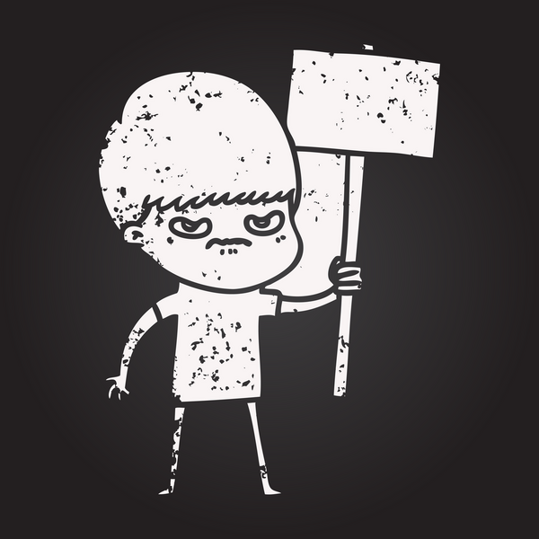 Karatahta tebeşirli kızgın çizgi film çocuğu bir insan tarafından çizildi.