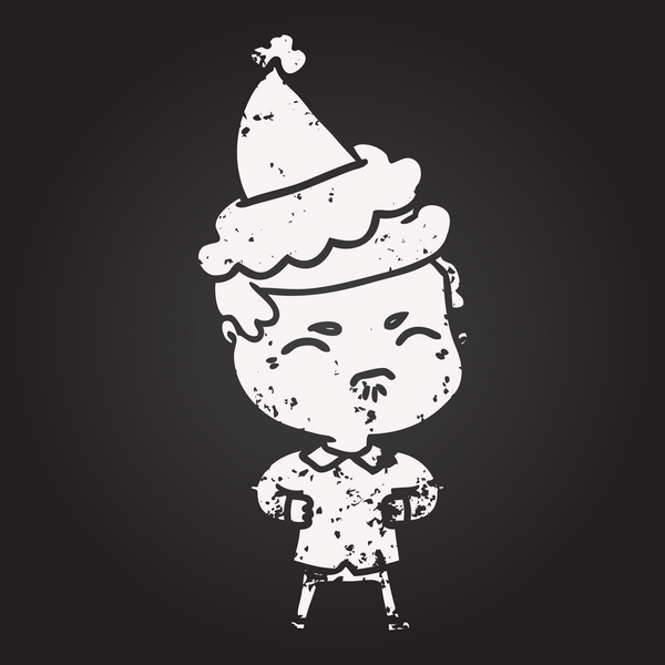 Tahta tebeşirle çizilmiş bir el çizimi, Noel Baba şapkası takan, bir insan tarafından çizilmiş.