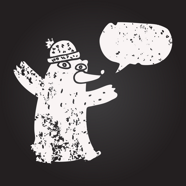 Tahta tebeşirle çizilmiş konuşma balonu çizgi film ayısı bir insan tarafından çizilmiş şapka giyiyor.