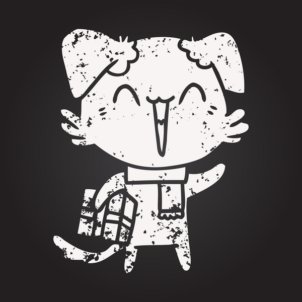 Karatahta tebeşirle çizilmiş bir insan tarafından çizilmiş kışın giydirilmiş mutlu küçük bir köpek.