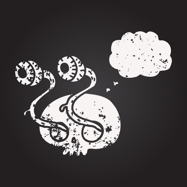 Karatahta tebeşir brüt el yazısıyla çizilmiş düşünce balonu kafatası ve bir insan tarafından çizilmiş gözler.