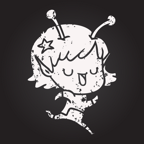 Kara tahta tebeşirle mutlu uzaylı kız çizgi filmi bir insan tarafından çizildi.