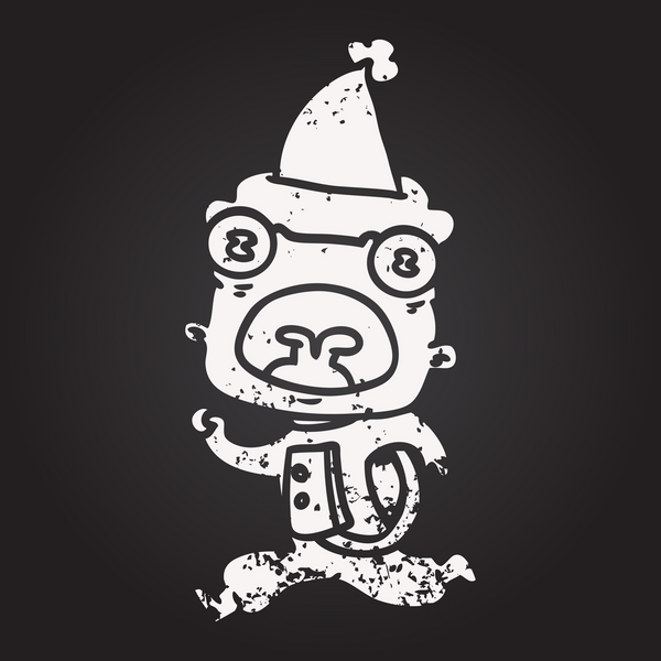 Karatahta tebeşirle çizilmiş tuhaf bir uzaylı kaçıyor Noel Baba şapkası giymiş bir insan tarafından çizilmiş.