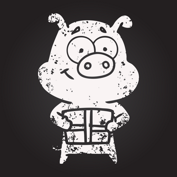 Karatahta tebeşirli mutlu çizgi film domuzu bir insan tarafından çizilmiş Noel hediyesini taşıyor.