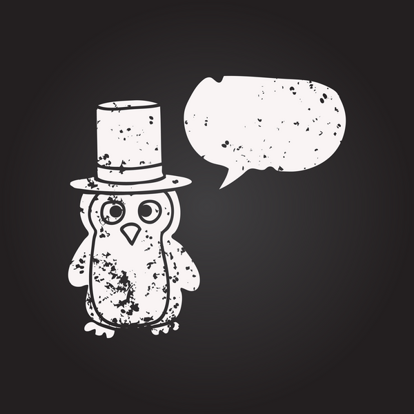 Tahta tebeşir serbest konuşma balonu çizilmiş penguen insan şapkası takıyor.