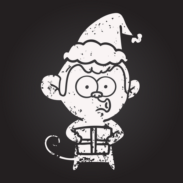 Karatahta tebeşirle çizilmiş Noel Baba şapkası takan bir maymunun insan tarafından çizilmiş resmi.