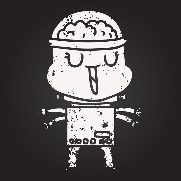 Bir insan tarafından çizilmiş kara tahta tebeşirli mutlu çizgi film robotu.