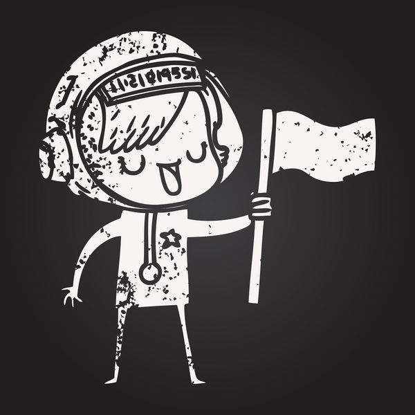 Bir insan tarafından çizilmiş kara tahta tebeşirli astronot kadın.