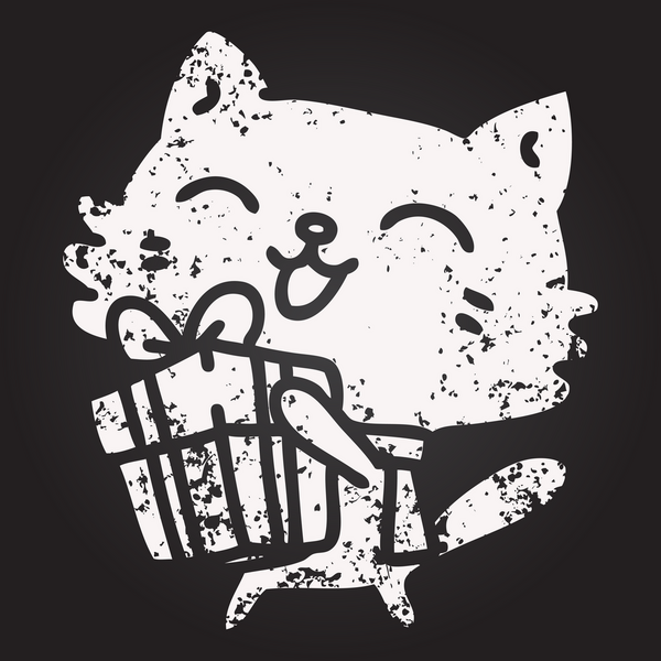 Karatahta tebeşirle çizilmiş mutlu küçük bir kedinin elinde bir insan tarafından çizilmiş noel hediyesi.