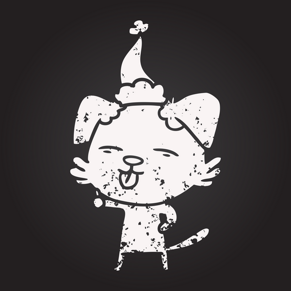 Tahta tebeşirle çizilmiş bir el çizimi. Dilini çıkarmış, Noel Baba şapkası takmış bir köpek insan tarafından çizilmiş.