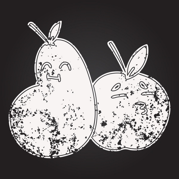 Bir insan tarafından çizilmiş mutlu bir elma ve armut karalaması.