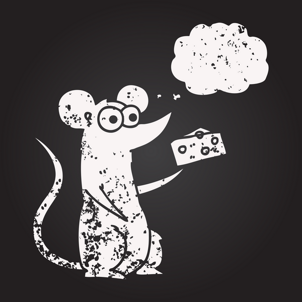 Tahta tebeşirle çizilmiş düşünce kabarcığı faresi bir insan tarafından çizilmiş peynirle