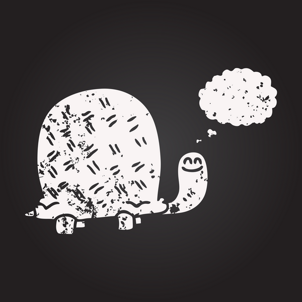Tahta tebeşirle çizilmiş düşünce balonu karikatürü kaplumbağası bir insan tarafından çizilmiş.