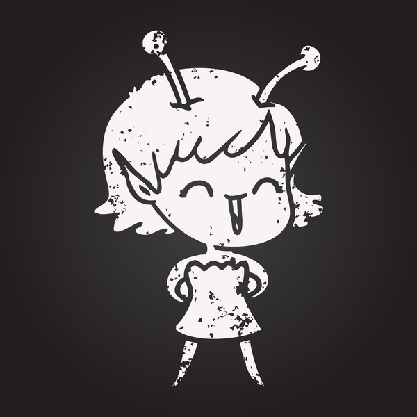 Karatahta tebeşirli uzaylı kız bir insan tarafından çizilmiş gülüyor.