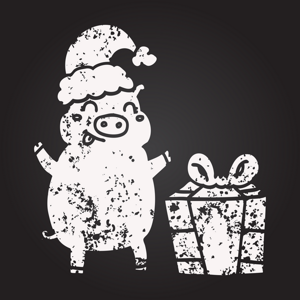 Karatahta tebeşiri mutlu noel domuzları bir insan tarafından çizilmiş.