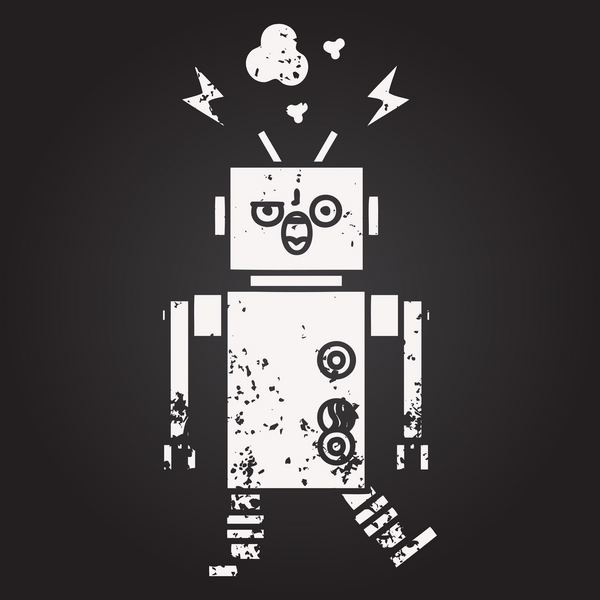 Tahta tebeşir, bir insan tarafından çizilmiş kırık bir robotun karikatürü.