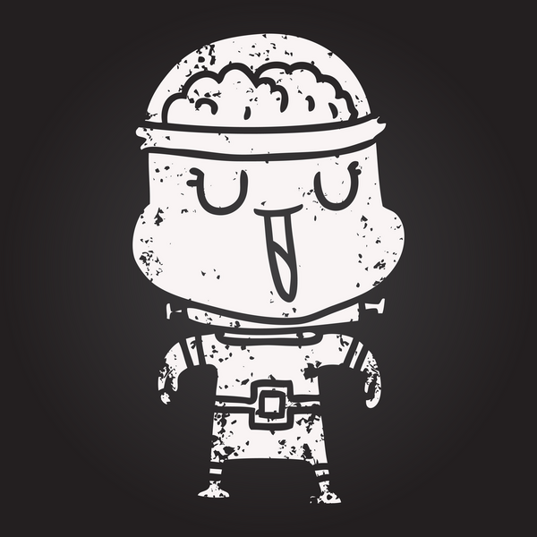 Bir insan tarafından çizilmiş kara tahta tebeşirli mutlu çizgi film robotu.