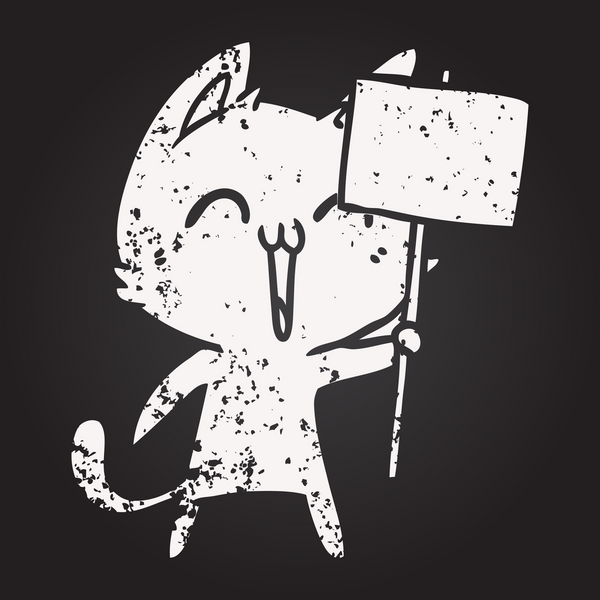 Bir insan tarafından çizilmiş kara tahta tebeşirli mutlu çizgi film kedisi.