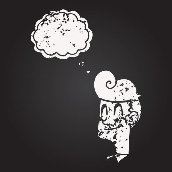 Tahta tebeşirle çizilmiş düşünce balonu çizgi filmi gülen adam bir insan tarafından çizilmiş.