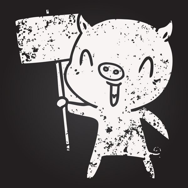 Karatahta tebeşirle çizilmiş mutlu çizgi film domuzu.