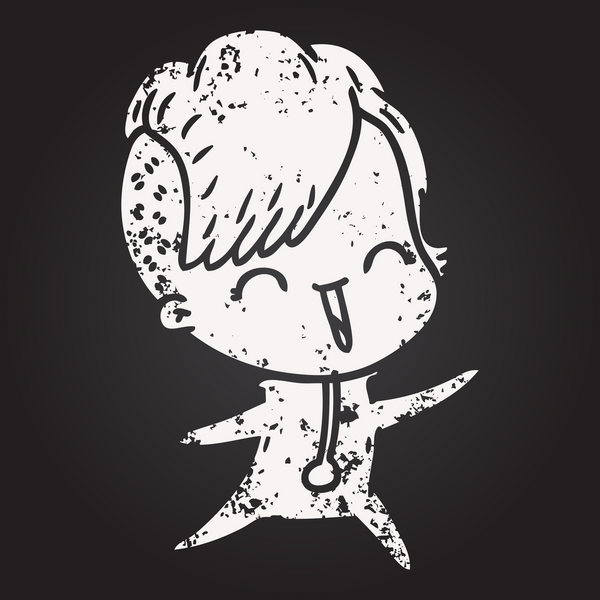 Kara tahta tebeşir mutlu çizgi film hipster kızı bir insan tarafından çizilmiş.