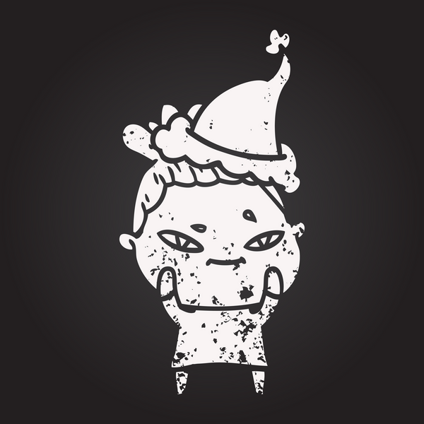 Tahta tebeşirle çizilmiş, Noel Baba şapkası takan bir kadın bir insan tarafından çizilmiş.