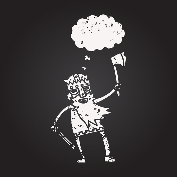 Tahta tebeşirle çizilmiş düşünce balonu Viking savaşçısı bir insan tarafından çizilmiş.