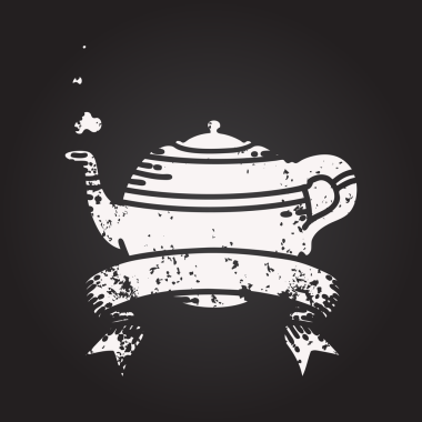 Siyah dövmeli kara tahta parşömen afişi buharlı çaydanlık bir insan tarafından çizilmiş.