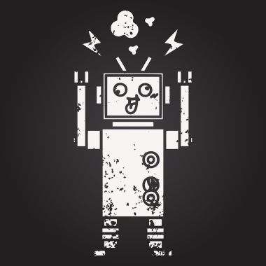 Karatahta tebeşirle bir insan tarafından çizilmiş arızalı bir robotun karikatürü