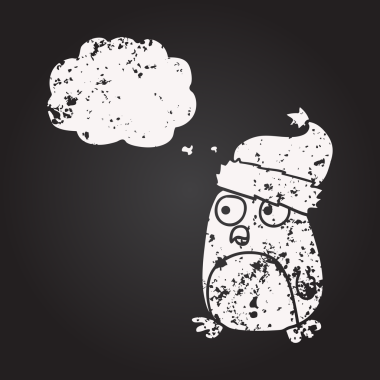 Karatahta tebeşirle çizilmiş düşünce balonu pengueni Noel şapkası çizilmiş bir insan tarafından.