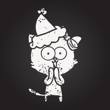 Tahta tebeşir elle çizilmiş Noel Baba şapkası takan bir kedi bir insan tarafından çizilmiş.