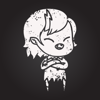 Bir insan tarafından çizilmiş gülen vampir kız karikatürü.