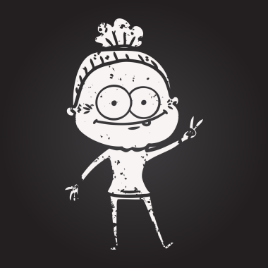 Kara tahta karikatür mutlu yaşlı kadın bir insan tarafından çizilmiş.