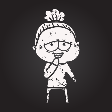 Karatahta karikatür mutlu yaşlı kadın bir insan tarafından çizilmiş.