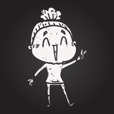 Karatahta karikatür mutlu yaşlı kadın bir insan tarafından çizilmiş.