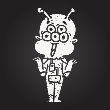 Kara tahta tebeşir mutlu çizgi film uzaylı omuz silkme bir insan tarafından çizilmiş