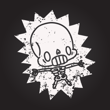 Tahta tebeşir çizimi kawaii bir insan tarafından çizilmiş iskeleti elektrik çarpmış.