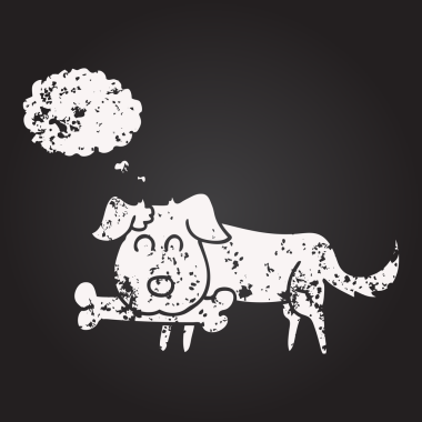 Tahta tebeşirle serbest çizilmiş düşünce baloncuğu köpekli bir insan tarafından çizilmiş kemik.