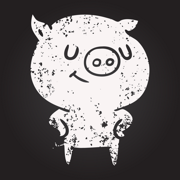 Karatahta tebeşirle çizilmiş mutlu çizgi film domuzu.