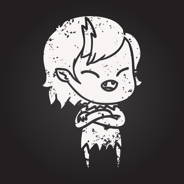 Bir insan tarafından çizilmiş gülen vampir kız karikatürü.