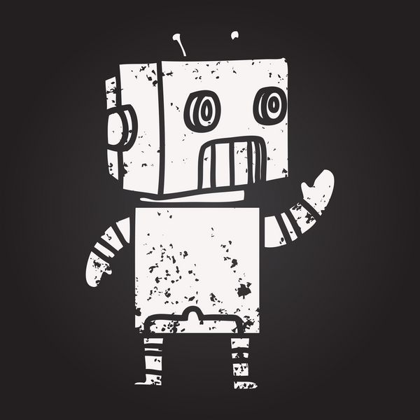 Bir insan tarafından çizilmiş kara tahta tebeşir çizgi film robotu.