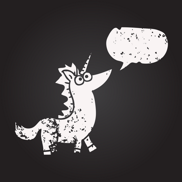 Tahta tebeşir serbest konuşma balonu tek boynuzlu at bir insan tarafından çizilmiş.