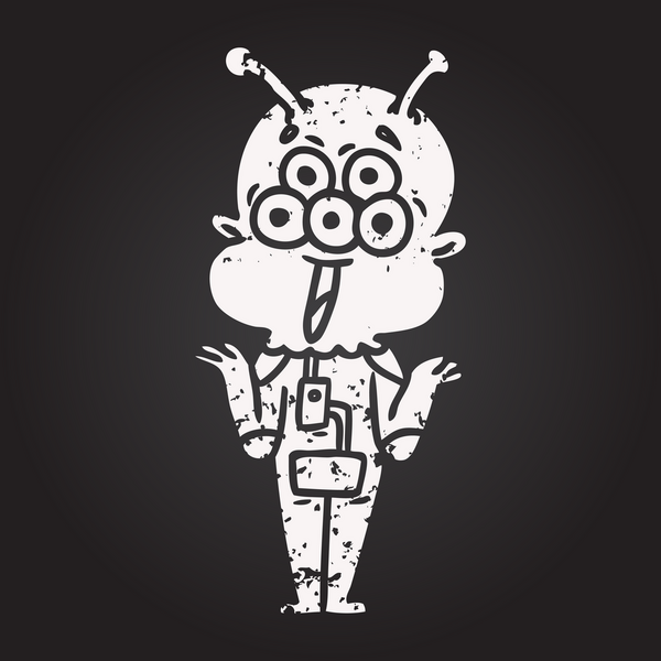 Kara tahta tebeşir mutlu çizgi film uzaylı omuz silkme bir insan tarafından çizilmiş